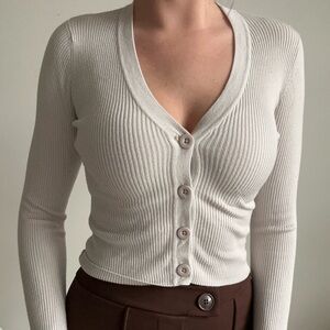 Cream Ribbed Button-Up Women's Cropped Sweater